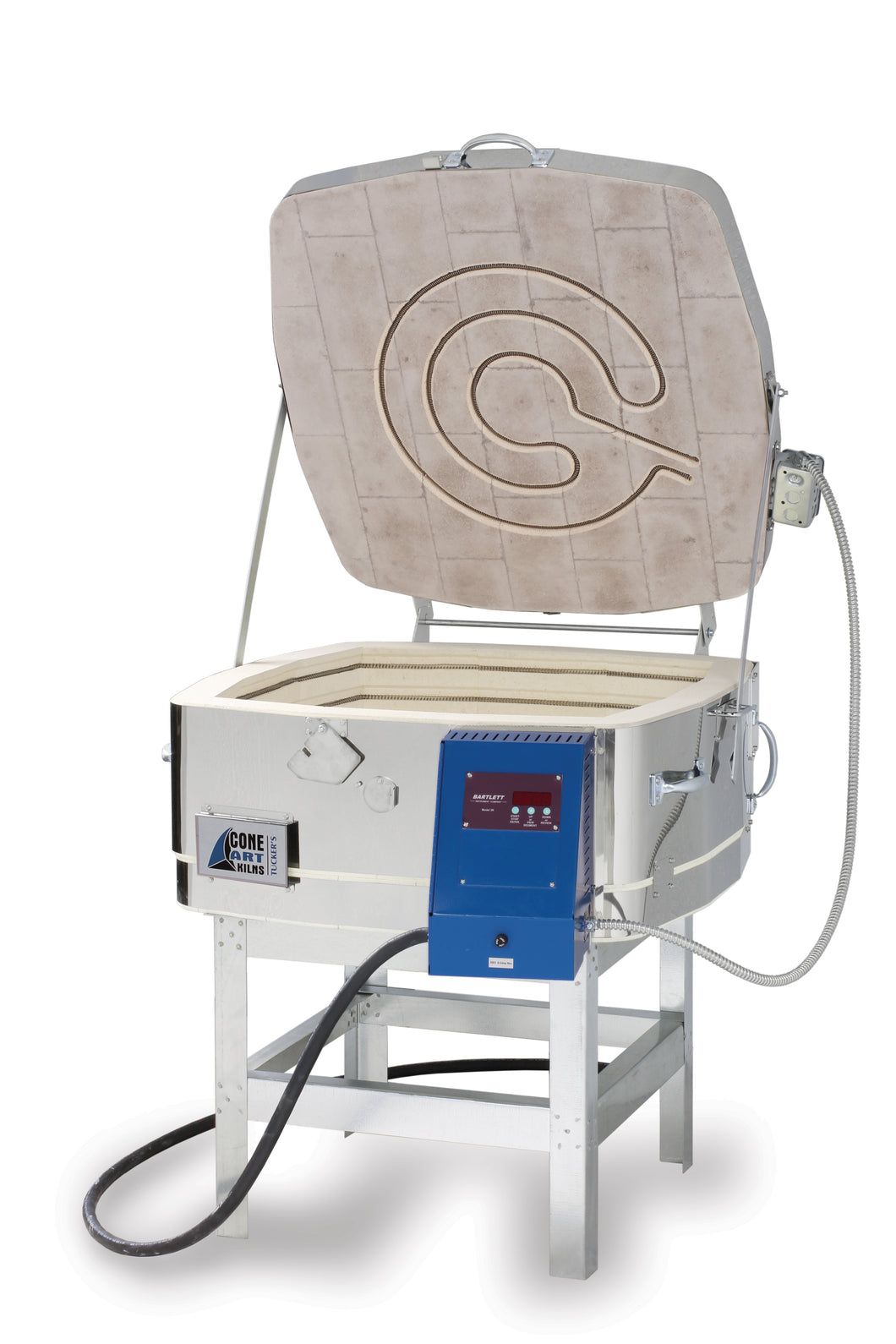 Tuckers Cone Art 2309G square glass kiln is a versatile model capable of firing many small pieces or individual large platters.