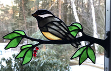 Load image into Gallery viewer, stained glass chickadee on a window frame metal branch with red berries