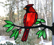 Load image into Gallery viewer, stained glass red cardinal on a window frame metal branch with red berries
