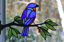 Load image into Gallery viewer, stained glass eastern bluebird on a window frame metal branch with red berries
